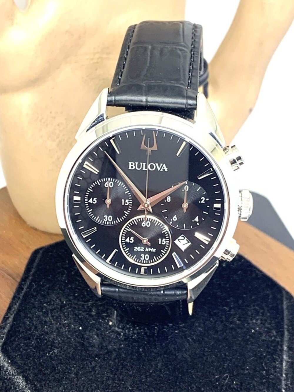 Bulova Men's Watch 96B371 Quartz Chronograph Black Dial Leather Strap 42mm